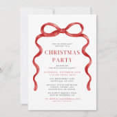 モダンな赤いリボンのクリスマス パーティー 招待状 (正面)