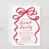 モダンな赤いリボンの写真を使った卒業パーティー 招待状 (正面)