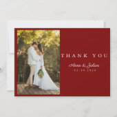モダンな赤い写真の結婚式メモ付き風景 サンキューカード (正面)