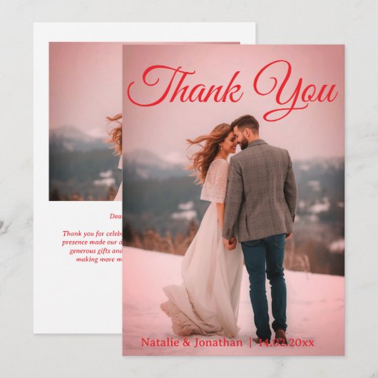モダンな赤い写真付き結婚式のお礼カード(ノート付) サンキューカード (正面/裏面)