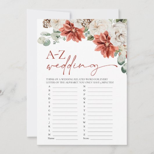 モダンな赤い冬のウェディング A-Z ブライダルシャワー ゲーム 招待状 (正面)