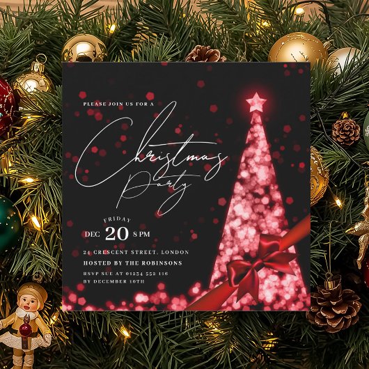 モダンな赤い冬のクリスマスツリーのリボンのパーティー 招待状