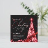 モダンな赤い冬のクリスマスツリーのリボンのパーティー 招待状 (スタンド正面)