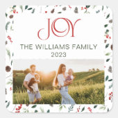 モダンな赤い喜び タイポグラフィ 水彩 クリスマス スクエアシール (正面)