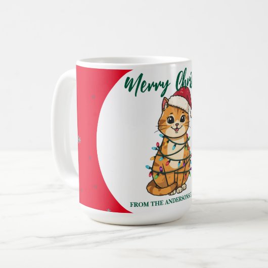 モダンな赤い幸せな猫の雪の結晶のクリスマス 子猫 Ca コーヒーマグカップ (正面左)