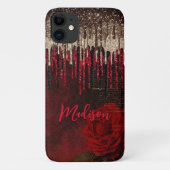 モダンな赤い花とゴールドの雫と輝きのモノグラム Case-Mate iPhoneケース (裏面)