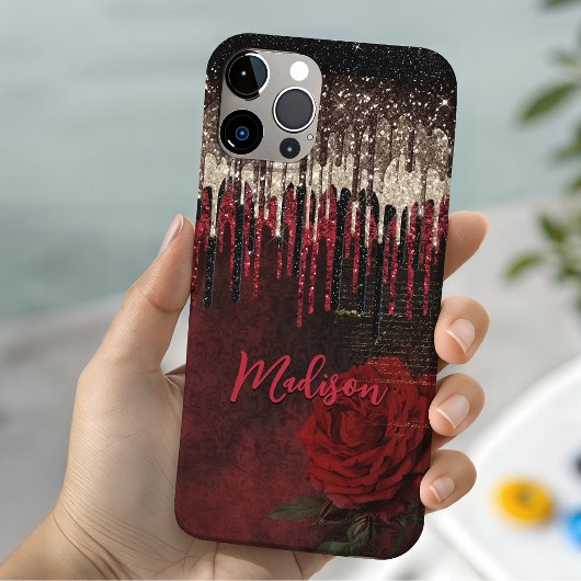 モダンな赤い花とゴールドの雫と輝きのモノグラム Case-Mate iPhoneケース