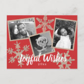 モダンな赤い農村の雪の結晶のコラージュ3枚の写真 ポストカード (正面)