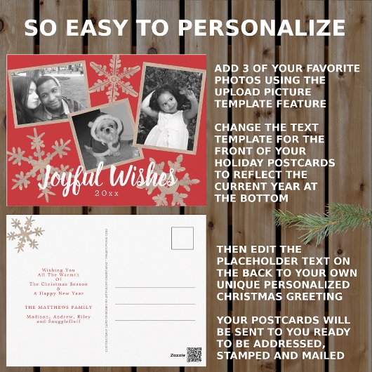 モダンな赤い農村の雪の結晶のコラージュ3枚の写真 ポストカード