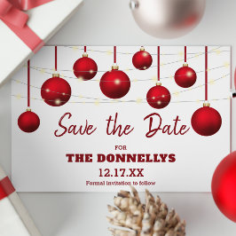 モダンな赤い飾りのクリスマスパーティーのSave the Date 案内ポストカード