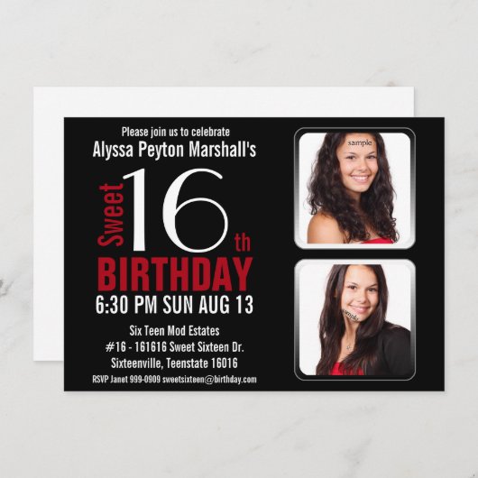 モダンな赤い2写真の菓子16のパーティーを黒くし、 招待状 (正面/裏面)