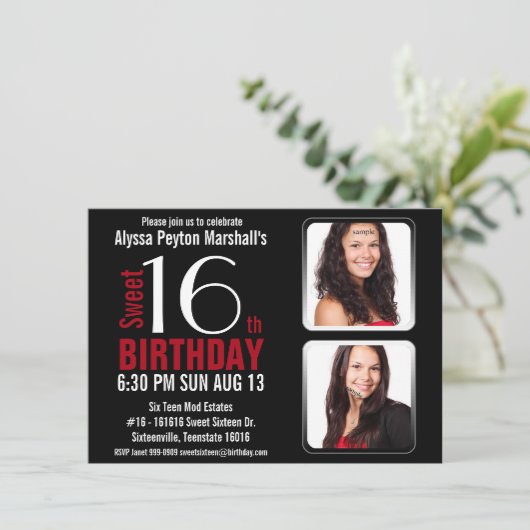 モダンな赤い2写真の菓子16のパーティーを黒くし、 招待状 (スタンド正面)