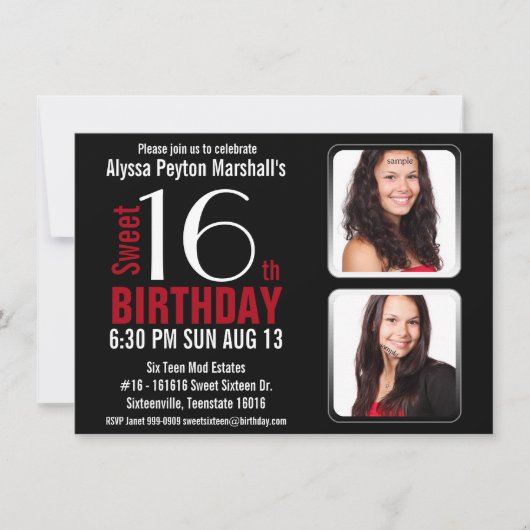 モダンな赤い2写真の菓子16のパーティーを黒くし、 招待状 (正面)