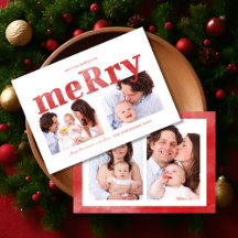 モダンな赤い「Merry」タイポグラフィーフォト家族
