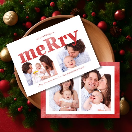 モダンな赤い「Merry」タイポグラフィーフォト家族 シーズンカード