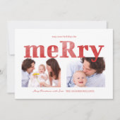 モダンな赤い「Merry」タイポグラフィーフォト家族 シーズンカード (正面)
