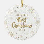 モダンな赤ちゃんの初めてのクリスマス写真 ゴールドの雪の結晶 セラミックオーナメント (正面)