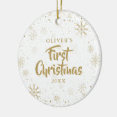 モダンな赤ちゃんの初めてのクリスマス写真 ゴールドの雪の結晶 セラミックオーナメント (左)