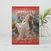 モダンな赤とゴールドの写真 卒業おめでとう 招待状 (スタンド正面)