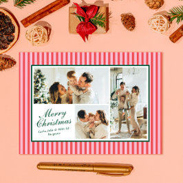 モダンな赤とピンクのストライプの3枚の写真のクリスマスカード シーズンカード