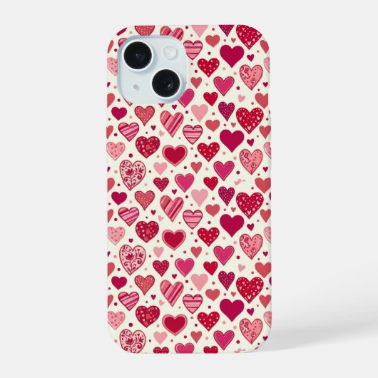 モダンな赤とピンクのハート柄 iPhone 15ケース (裏面)