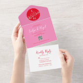 モダンな赤とピンクの結婚式 オールインワン招待状 (貼ってはがせる)