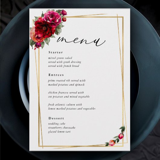 モダンな赤とピンクの花とフェイクゴールドの結婚式 メニュー