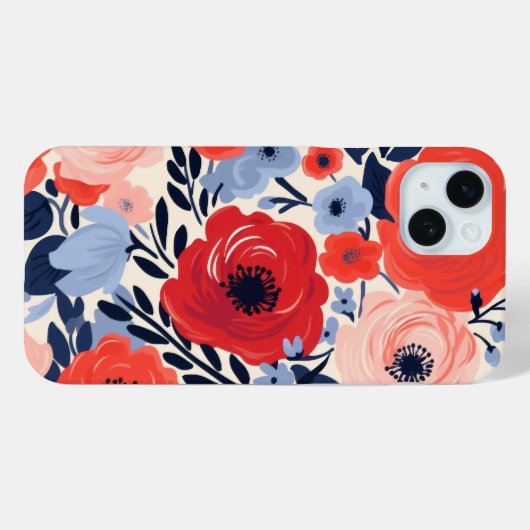 モダンな赤と白と青の水彩花柄 Case-Mate iPhoneケース (裏面 (横))