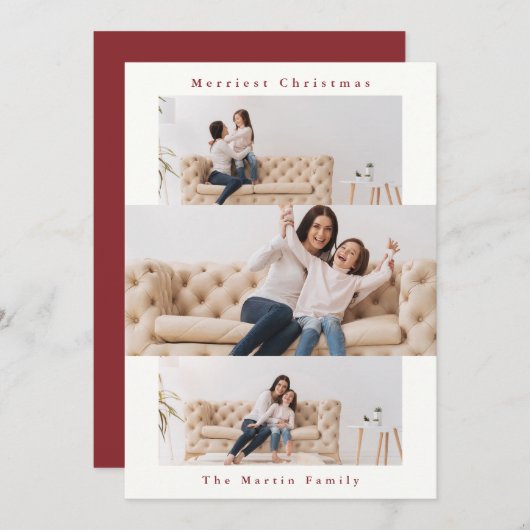 モダンな赤と白のコラージュ（3枚の写真） シーズンカード (正面/裏面)