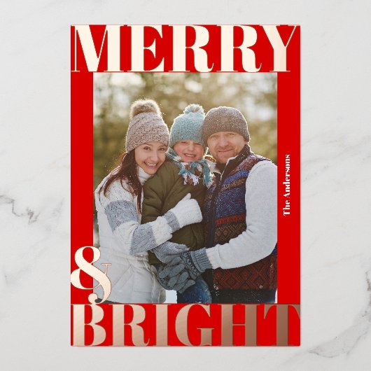 **モダンな赤と白の楽しい＆明るい写真** 箔シーズンカード (正面)