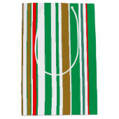 モダンな赤と緑と金のクリスマスストライプ ミディアムペーパーバッグ (正面)
