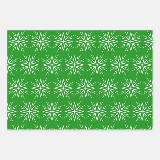 モダンな赤と緑と金のクリスマス星のオーナメントギフト ラッピングペーパーシート (正面2)