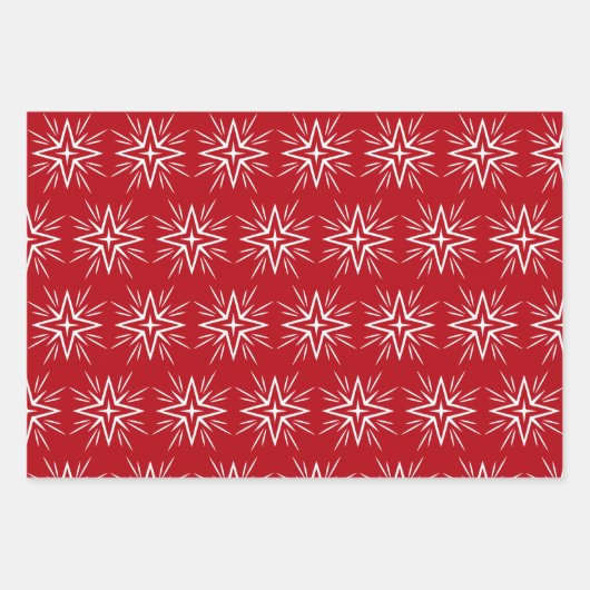 モダンな赤と緑と金のクリスマス星のオーナメントギフト ラッピングペーパーシート (正面)