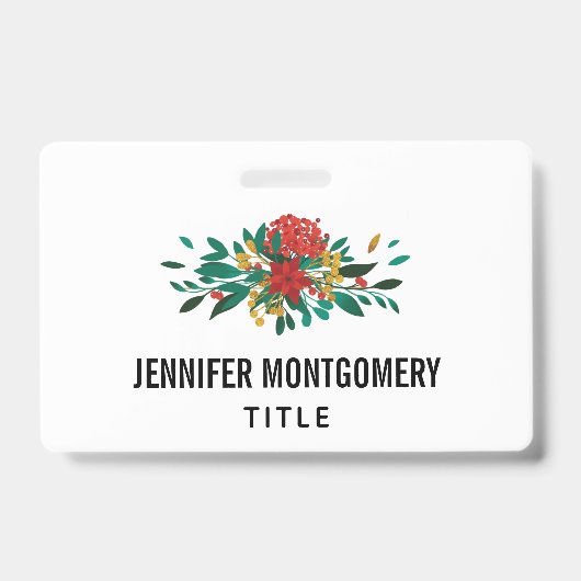 モダンな赤と緑と金のクリスマス フラワーリース バッジ (正面)