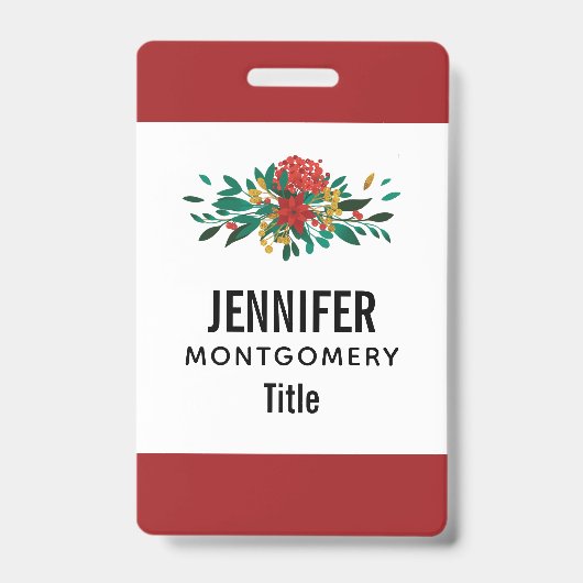 モダンな赤と緑と金のクリスマス フラワー バッジ (正面)