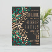 モダンな赤と緑と金のホリーデイの葉のクリスマス 招待状 (スタンド正面)