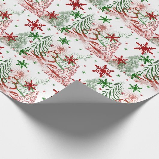モダンな赤と緑のクリスマスツリーの雪の結晶 ラッピングペーパー (角)