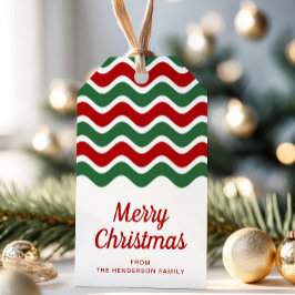 モダンな赤と緑のストライプ メリークリスマス ギフトタグ