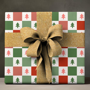 モダンな赤と緑の市松模様のクリスマスツリー ラッピングペーパー