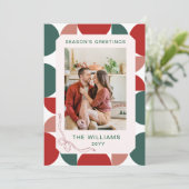 モダンな赤と緑の幾何学的な花柄の写真 シーズンカード (スタンド正面)