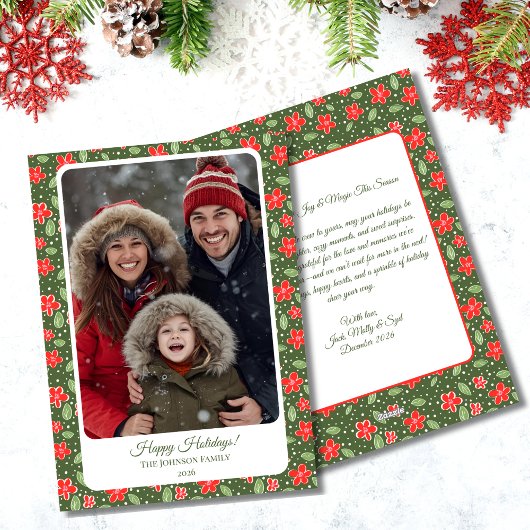 モダンな赤と緑の花の写真 フラット ホリデー カード