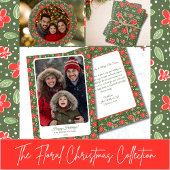 モダンな赤と緑の花の写真 フラット ホリデー カード