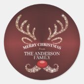 モダンな赤と金のトナカイ クリスマス ラウンドシール (正面)