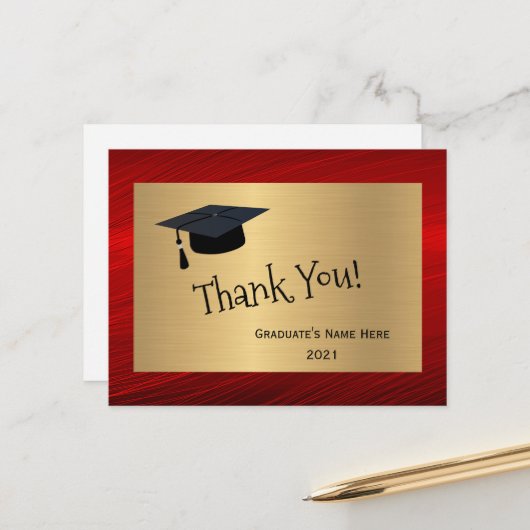 モダンな赤と金の名前 感謝の気持ちを卒業 ポストカード (正面/裏面インサイチュ)