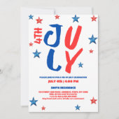 モダンな赤と青の水彩タイポグラフィー 7月4日 招待状 (正面)