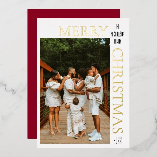 モダンな赤のクリスマスフォト 箔シーズンカード (正面/裏面)