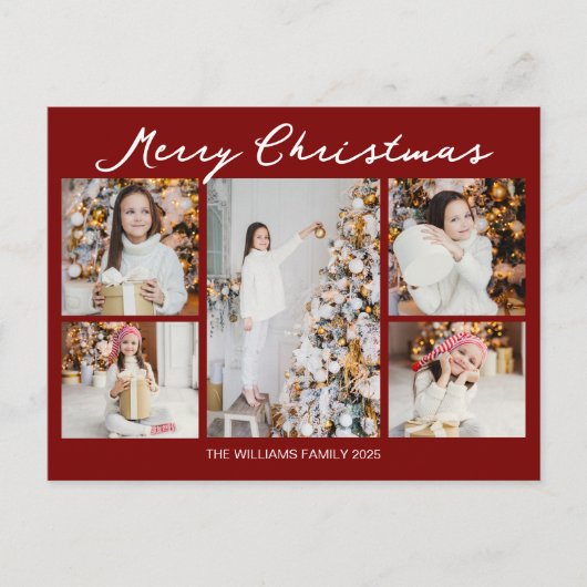 モダンな赤のクリスマス フォト コラージュ シーズンポストカード (正面)