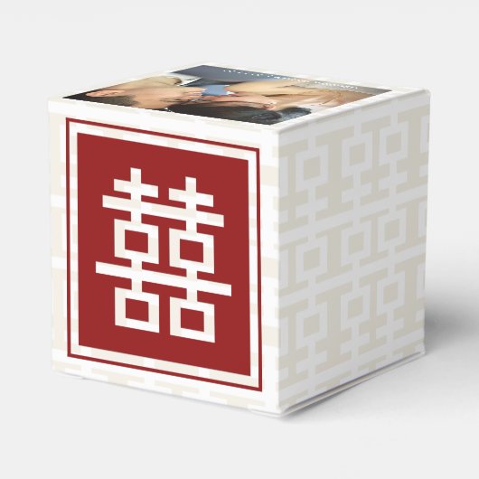 モダンな赤のダブルハピネス中国風結婚式の写真 フェイバーボックス (裏面サイド)