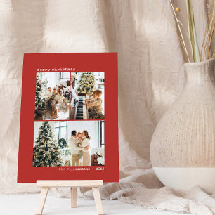 モダンな赤のミニマルな3枚の写真のクリスマスカード シーズンカード