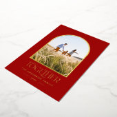 モダンな赤のミニマルアーチ写真とホイル 箔シーズンカード (回転した状態)